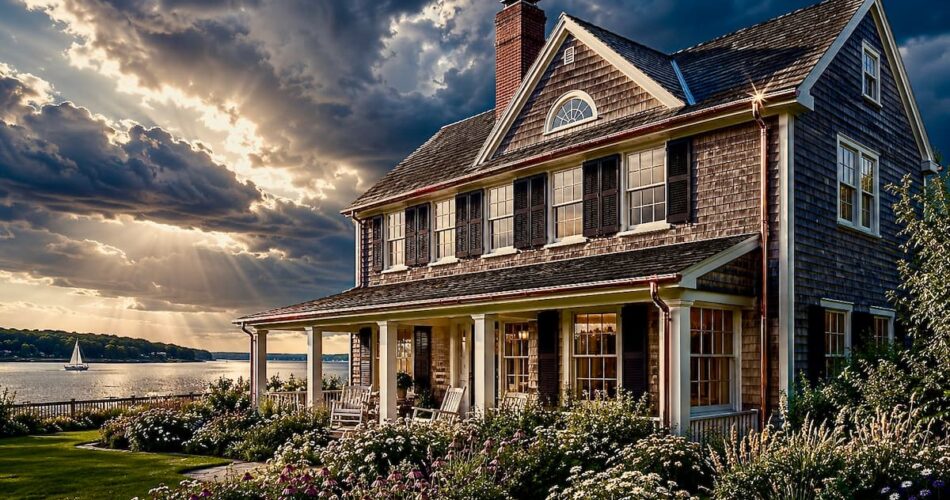 Storm clouds gathering over a coastal home on Long Island Sound in New London County, Connecticut with a durable gutter system