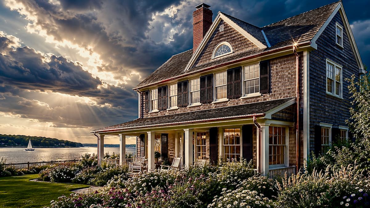 Storm clouds gathering over a coastal home on Long Island Sound in New London County, Connecticut with a durable gutter system