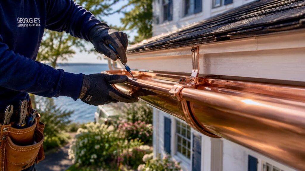 Wind-resistant copper gutter installation on a coastal home in New London County, Connecticut