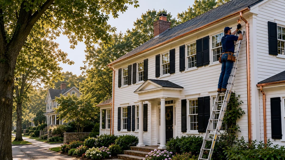 Half-round copper gutters complementing a traditional home in New London County, Connecticut
